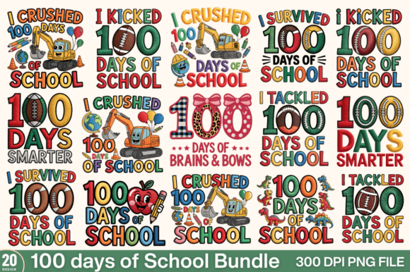 100 Days of School Embroidery PNG Bundle