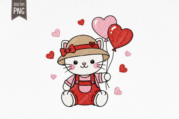 Cute Valentine Cat Embroidery Style PNG