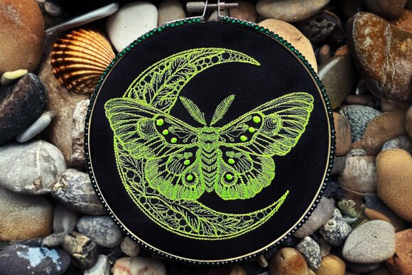 Moth and Moon Embroidery Design