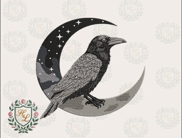 Raven Crescent Moon Embroidery Files