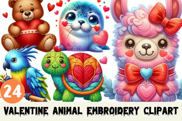 Valentine Animal Embroidery Clipart